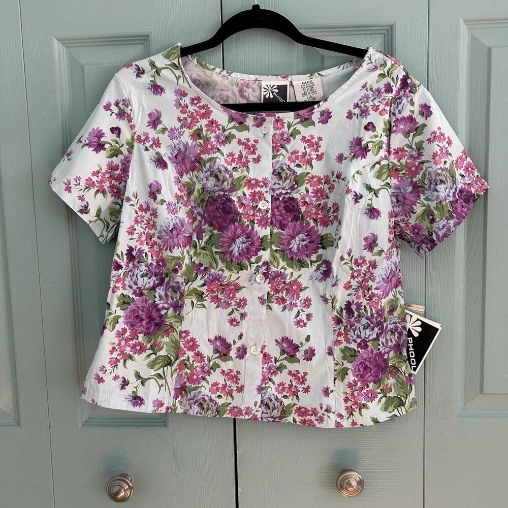 Phool‎ Women’s Floral Cropped Button Up Blouse Large Cottagecore Bloomcore
